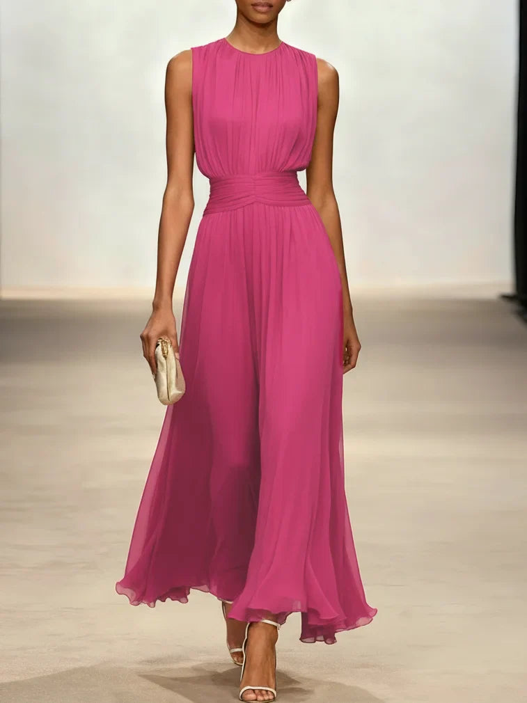 Ärmelloses Chiffon-Maxikleid für Damen mit geraffter Taille und fließendem Saum