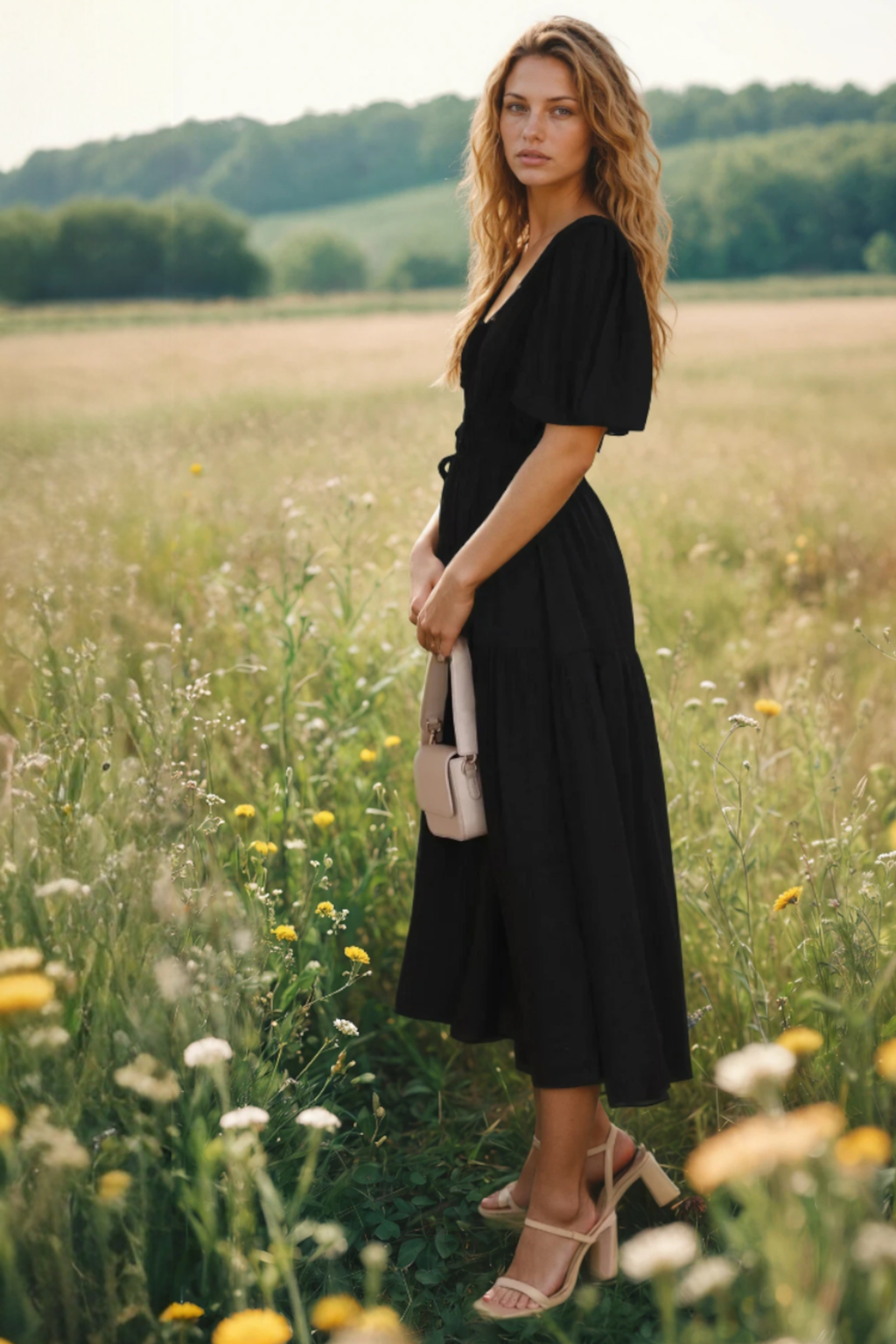 Women's Puff Sleeve Midi Dress for Elegant Everyday and Summer Styling