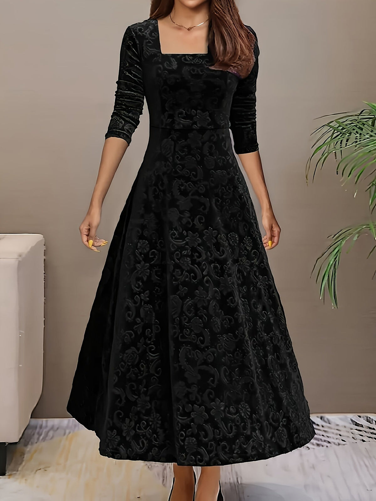 Women’s Elegant Square Neck Jacquard Maxi Dress