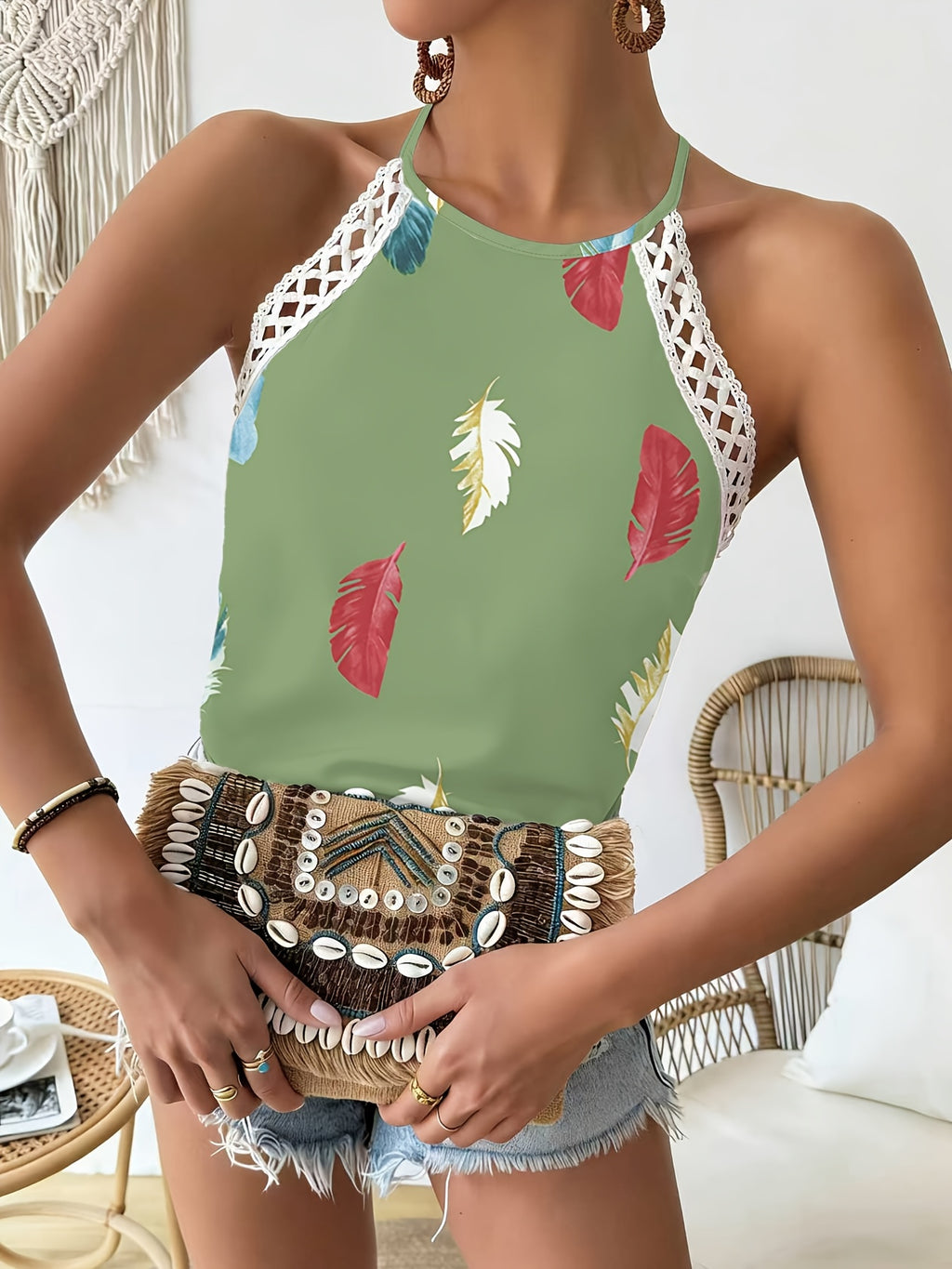 Women’s Feather Print Halter Top with Crochet Strap Detailing