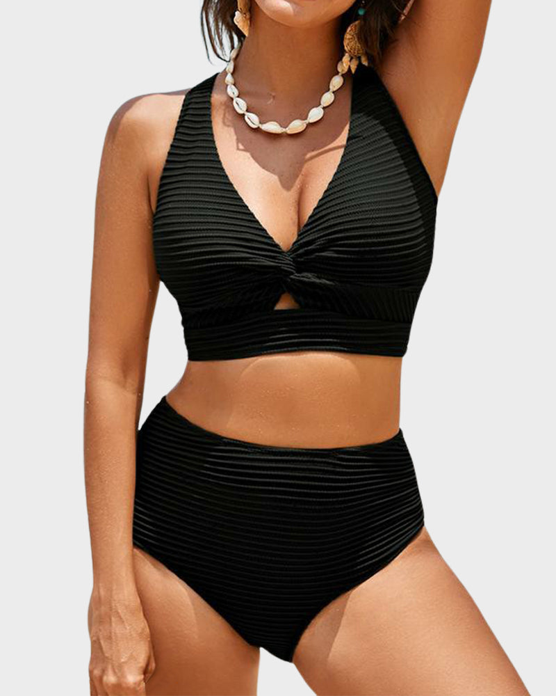Damen-Rippen-Bikini-Set mit gedrehtem Oberteil und hochgeschnittenem Slip