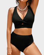 Damen-Rippen-Bikini-Set mit gedrehtem Oberteil und hochgeschnittenem Slip