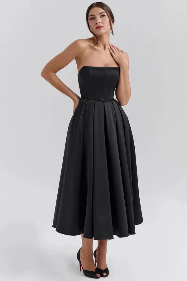 Women's Strapless Midi Dress with Corset Bodice and Pleated Skirt Design