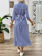 Women's Striped Midi Shirt Dress with Twist Waist and Button Front