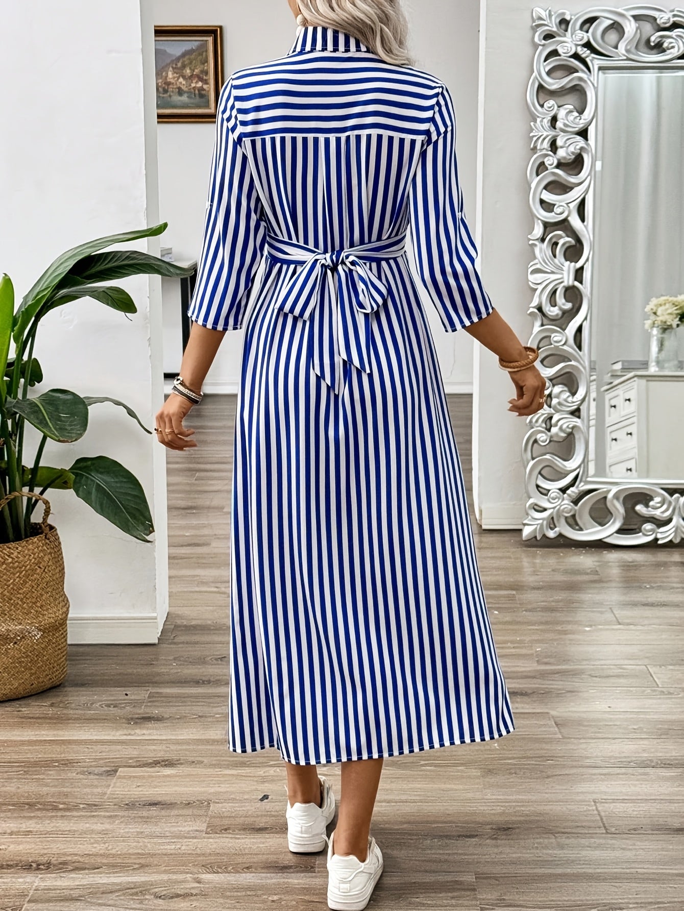 Women's Striped Midi Shirt Dress with Twist Waist and Button Front