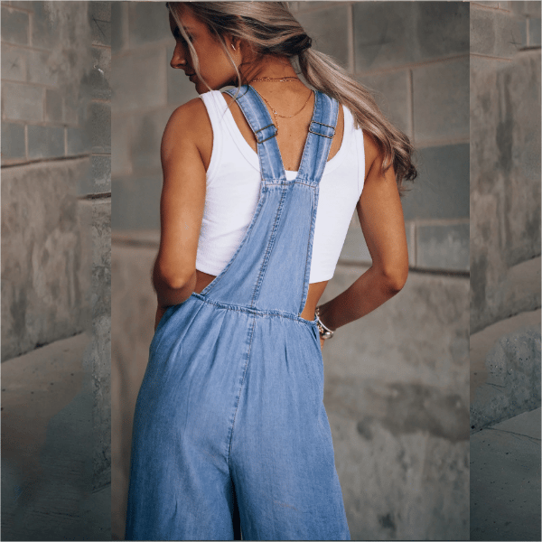 Damen Denim-Overall mit weitem Bein und verstellbarem Trägerdesign