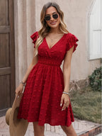 Women's Textured Midi Dress with Shirred Waist and Flutter Sleeves