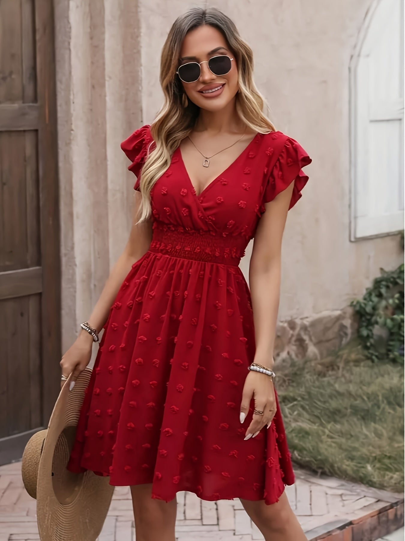 Women's Textured Midi Dress with Shirred Waist and Flutter Sleeves