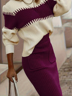 Completo da donna con maglione in maglia a coste e gonna midi