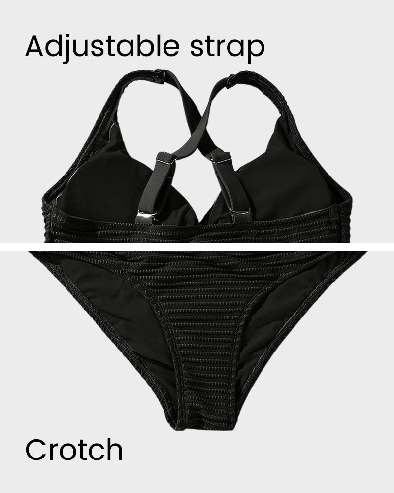 Damen-Rippen-Bikini-Set mit gedrehtem Oberteil und hochgeschnittenem Slip