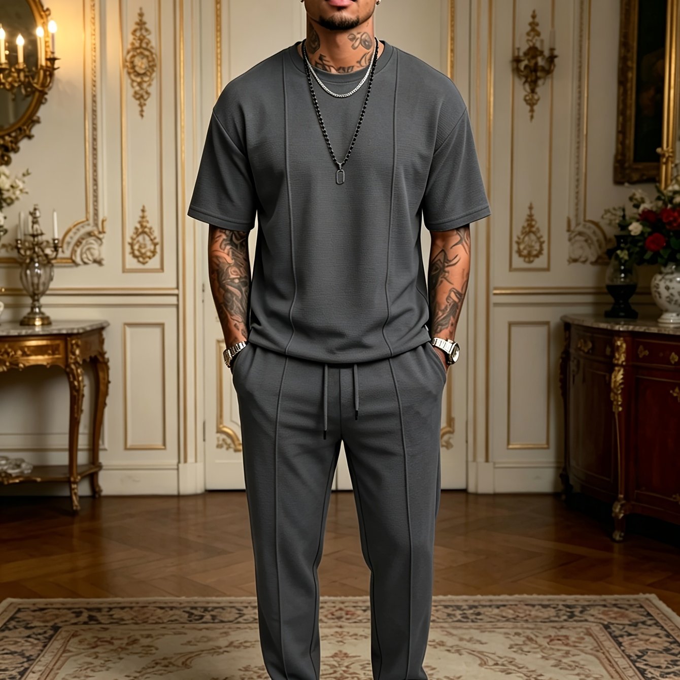 Men's Textured Relaxed T-Shirt & Trousers Set