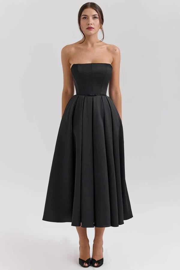Damen trägerloses Midikleid mit Korsett-Oberteil und plissiertem Rock