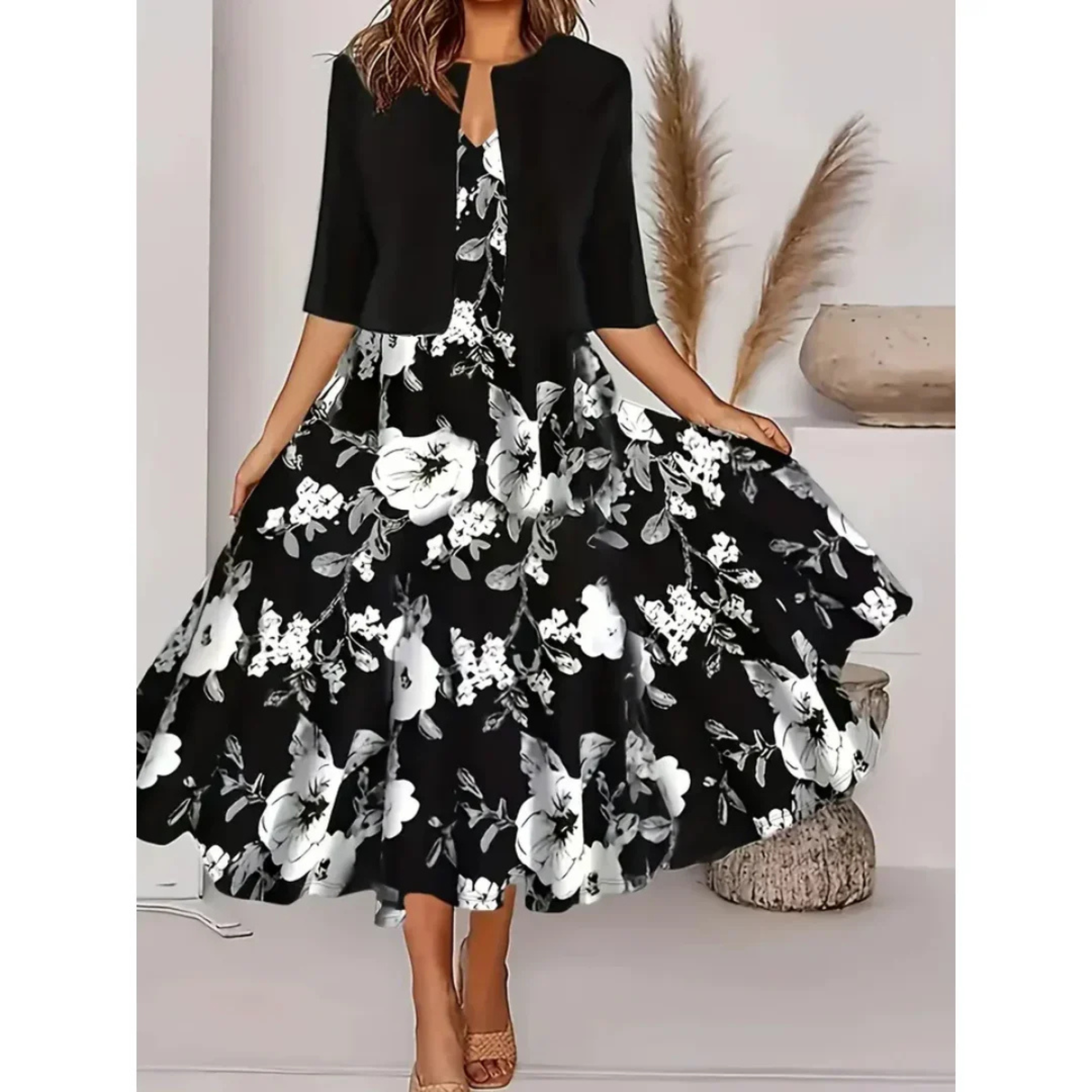 Women's Midi Dress with Floral Patchwork Skirt and Structured Top Design