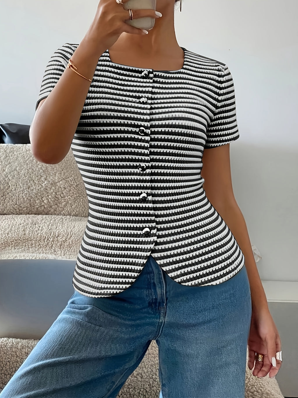 Women's Striped Button Front Short Sleeve Knit Top