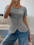 Women's Striped Button Front Short Sleeve Knit Top