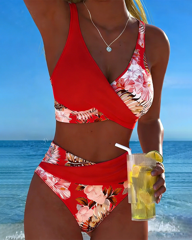Women's Floral Wrap Bikini Set with Supportive High-Waist Bottoms