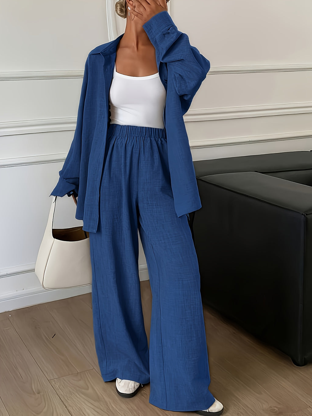Women's Relaxed Button-Up Shirt and Wide Leg Pants Two-Piece Set