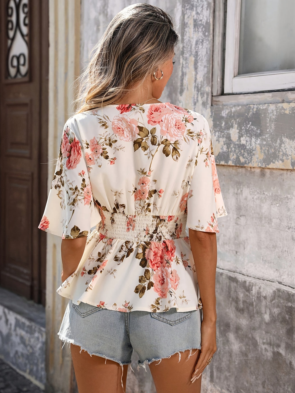 Women's Floral V-Neck Blouse with Shirred Waist and Flared Hem