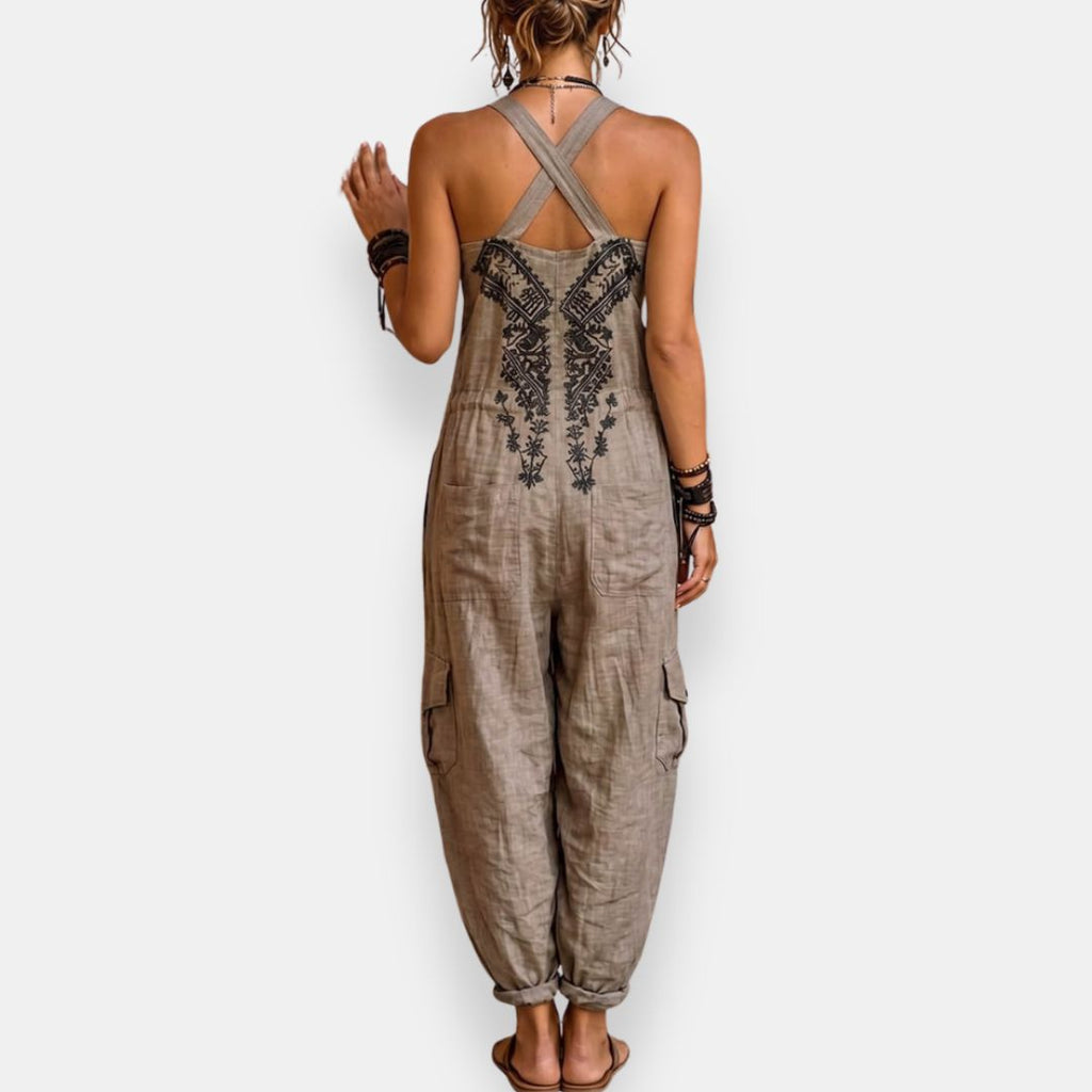 Women's Bohemian Embroidered Harem Jumpsuit with Adjustable Shoulder Straps
