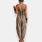 Women's Bohemian Embroidered Harem Jumpsuit with Adjustable Shoulder Straps