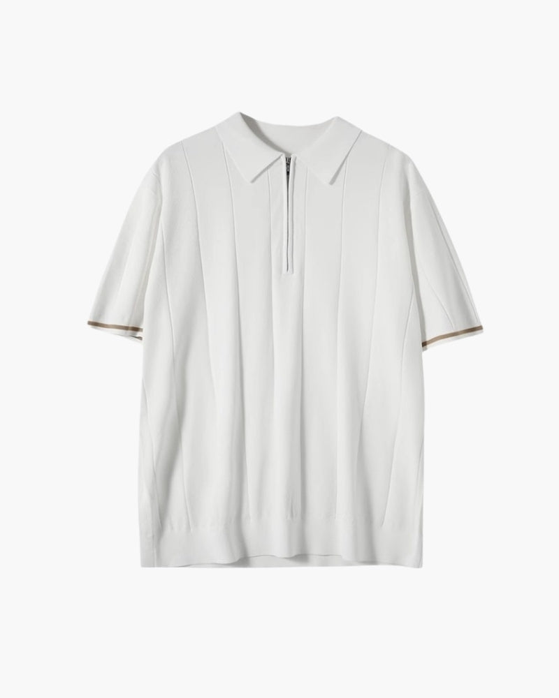 Men's Refined Vertical Rib-Knit Quarter Zip Polo with Contrast Sleeve Trim and Tailored Stretch Fit