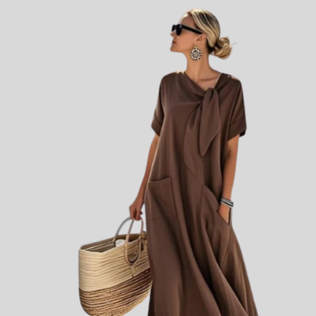 Women's Relaxed Midi Dress with Tie Neck and Pockets for Effortless Summer Style