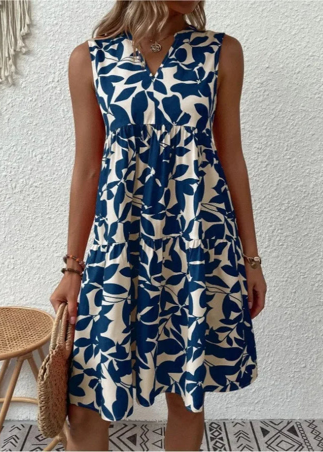 Women's Tropical Leaf Print Dress with Tiered Relaxed Summer Fit