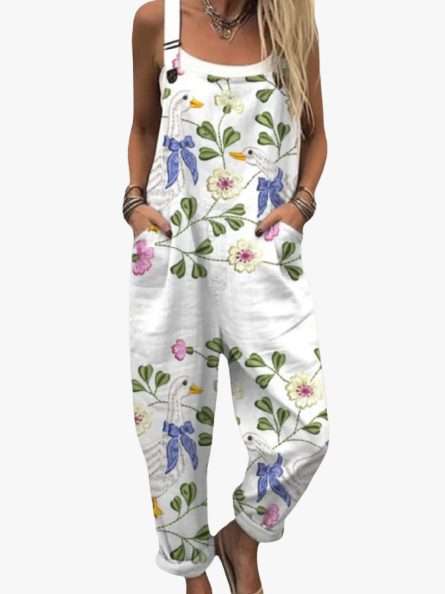 Women's Floral and Bird Print Jumpsuit with Adjustable Straps and Pockets