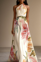 Maxikleid für Damen mit Blumenmuster, Neckholder und Taillenband-Detail