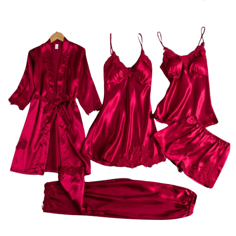 Women’s Satin Sleepwear Set with Elegant Lace Detail and Relaxed Fit