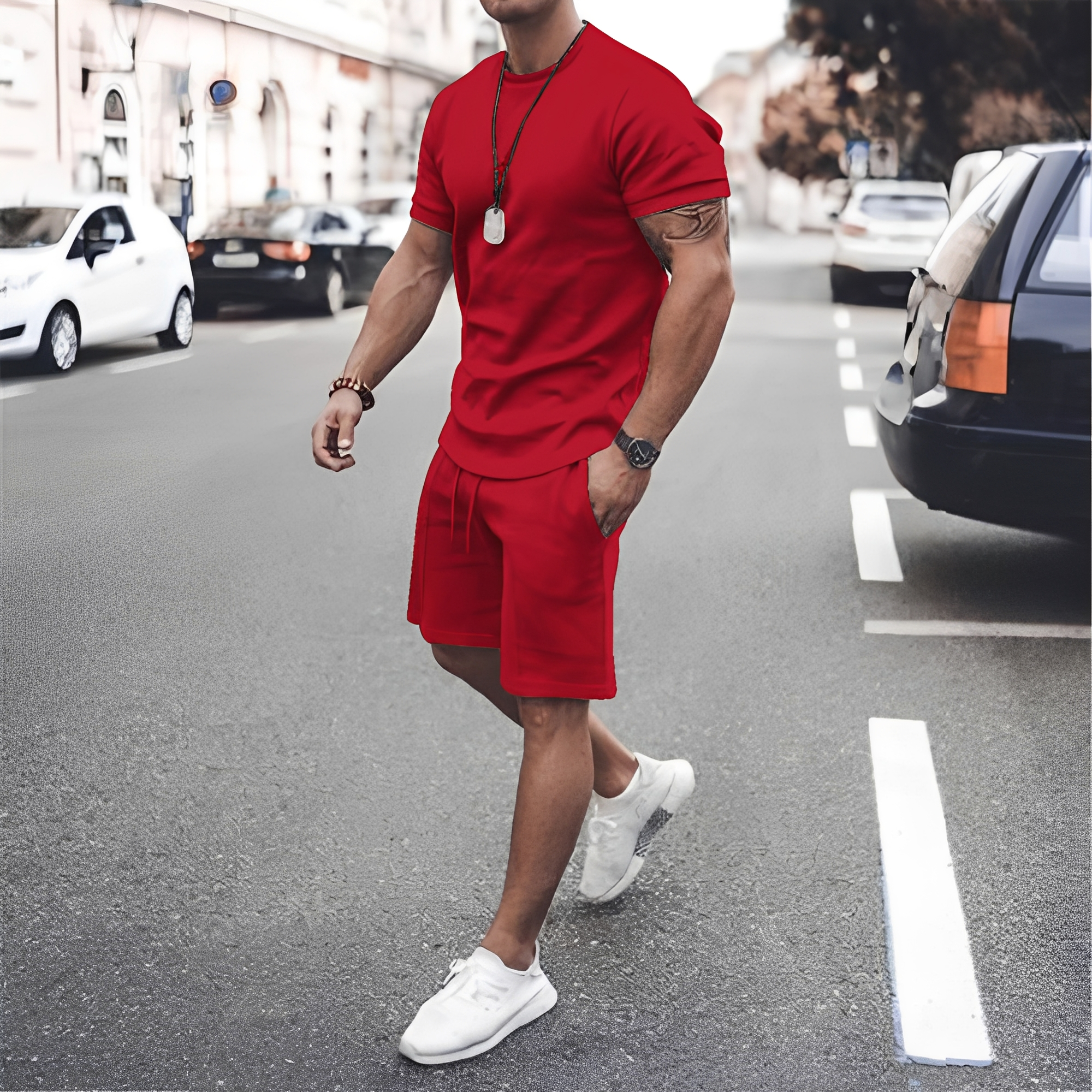 Men's Casual Short Sleeve T Shirt and Drawstring Shorts Two Piece Set