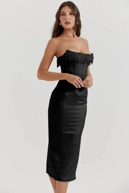 Women's Strapless Midi Dress with Corset Bodice and Pearl Embellished Neckline