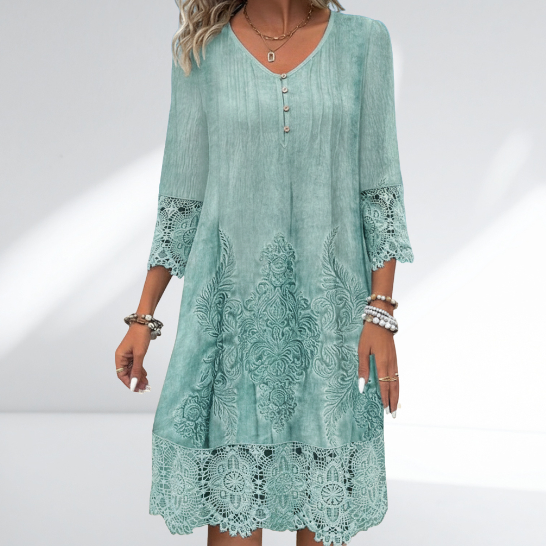 Damen Vintage besticktes Shift-Kleid mit V-Ausschnitt, Spitzenbesatz, dreiviertel Ärmeln und gewelltem Saum