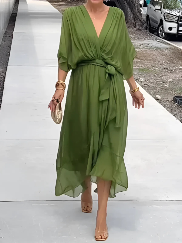Women's Chiffon Wrap Midi Dress with Tie Waist