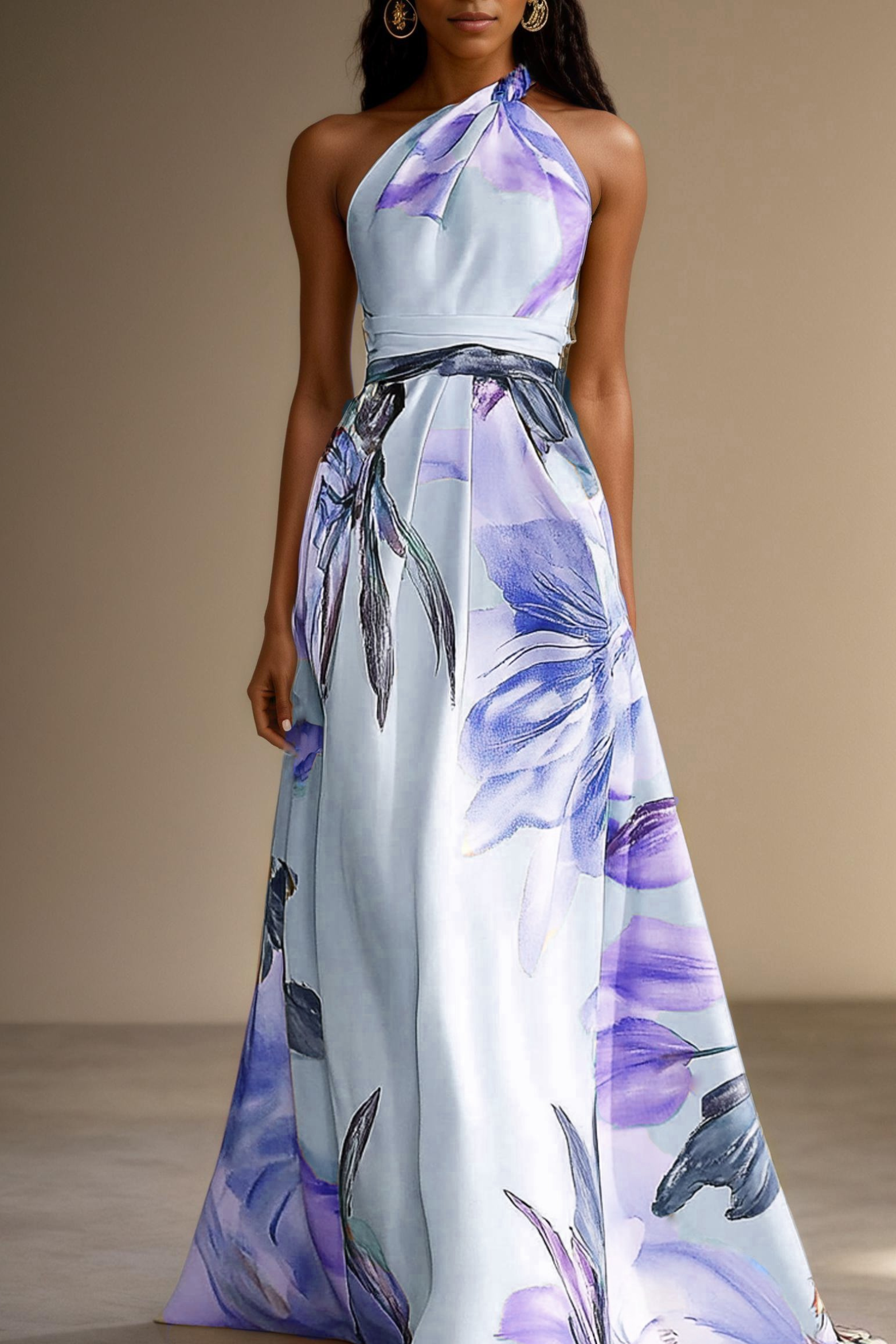 Maxikleid für Damen mit Blumenmuster, Neckholder und Taillenband-Detail