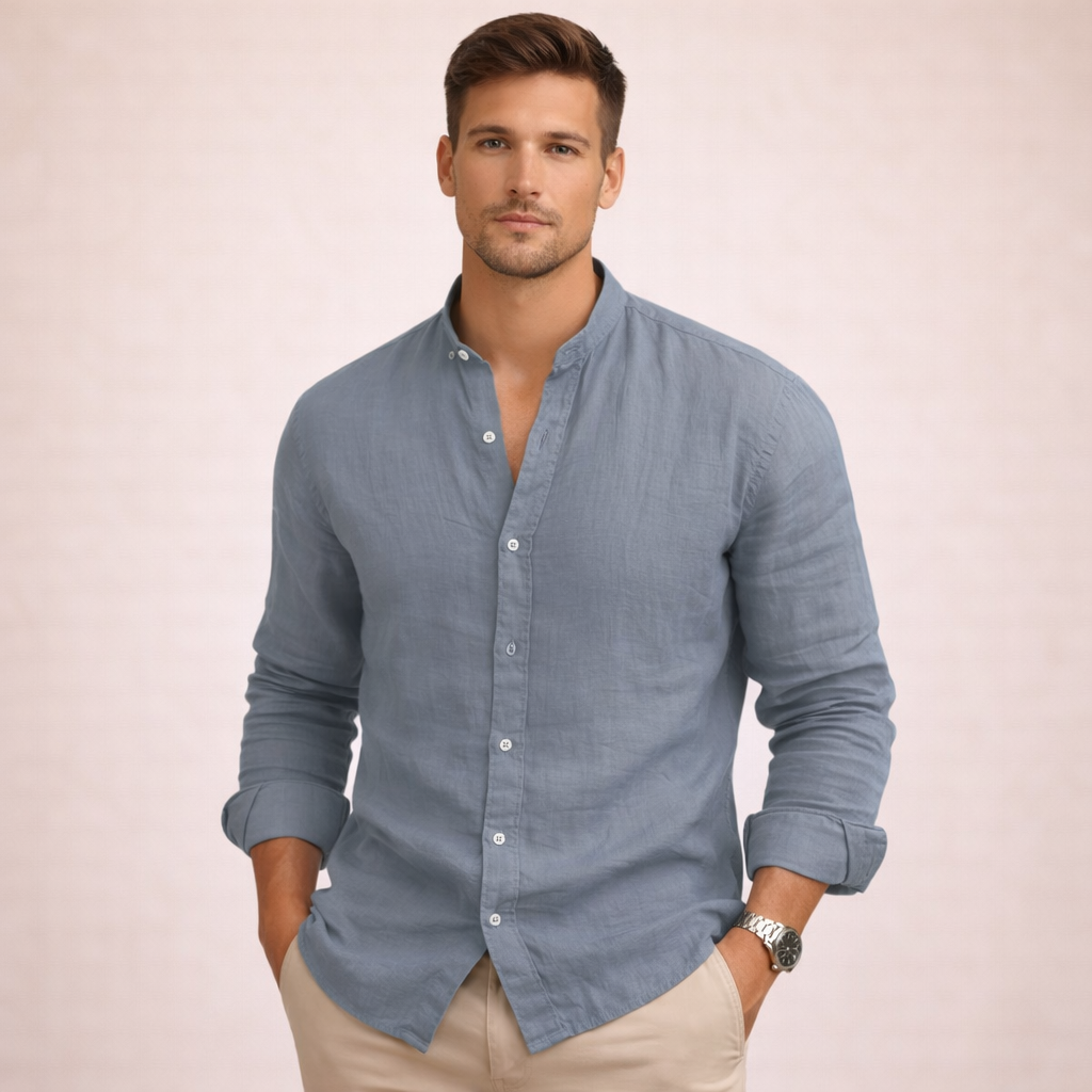 Men's Linen Shirt with Mandarin Collar for Smart Casual Summer Style