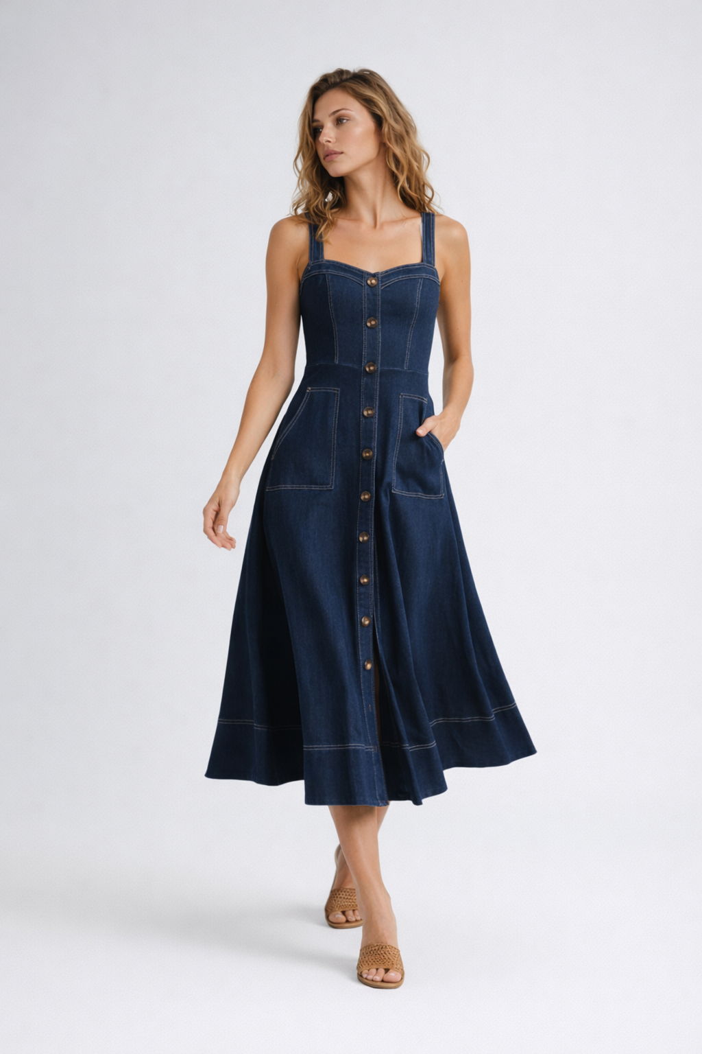 Women's Denim Midi Dress with Button Front and Flared Skirt
