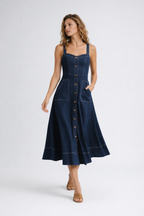 Women's Denim Midi Dress with Button Front and Flared Skirt
