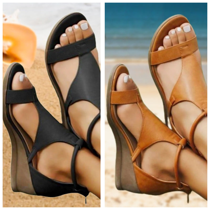 Damen T-Riemen Keilabsatz Komfortsandalen