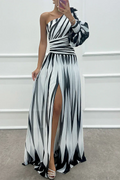 Damen Abendkleid mit einem Schulterriemen, Streifen und dramatischem Puffärmel