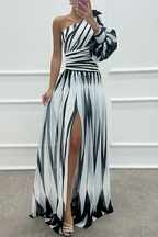 Women's One-Shoulder Striped Evening Gown with Dramatic Puff Sleeve