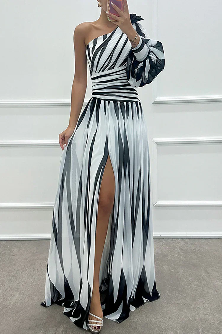 Women's One-Shoulder Striped Evening Gown with Dramatic Puff Sleeve