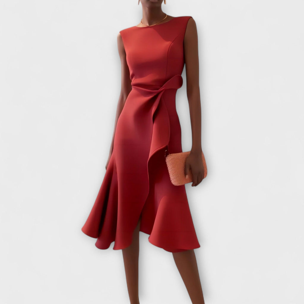 Elegantes ärmelloses Midi-Bodycon-Kleid für Damen mit Rüschendetail in der Taille