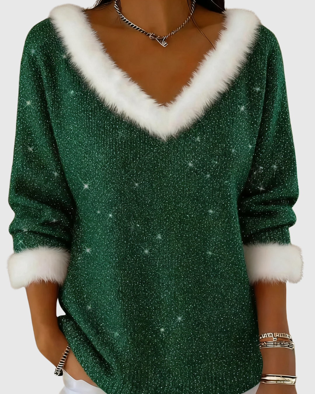 Women's V-Neck Sweater with Plush Trim and Star Print
