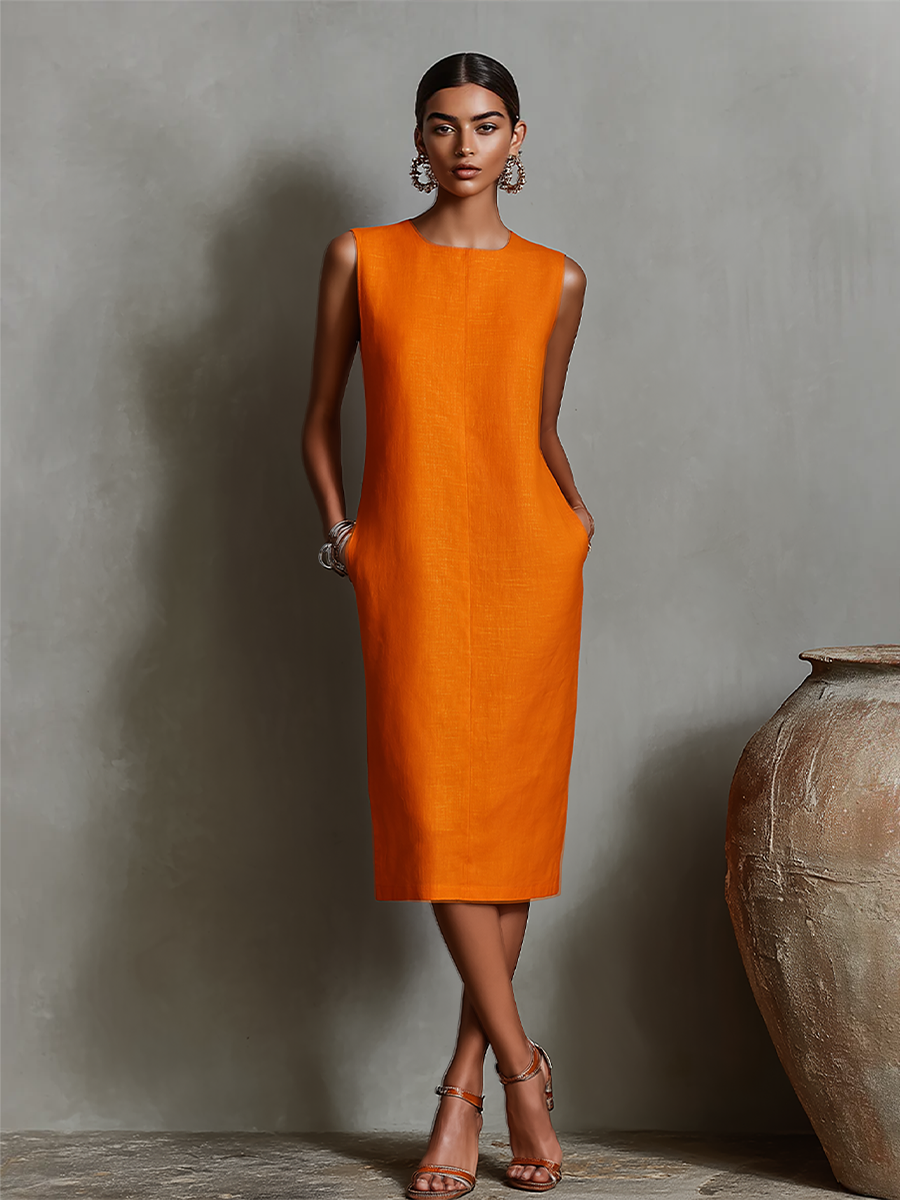 Women's Sleeveless Round Neck Midi Dress with Pockets