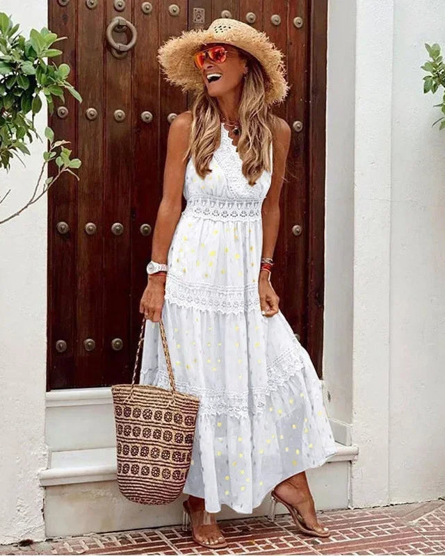 Women's Bohemian Maxi Dress with Lace Panels and Flowing A-Line Fit