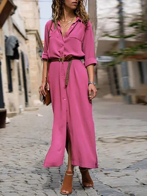 Damen Midi-Kleid mit Knopfleiste und kurzen Ärmeln für den Alltag