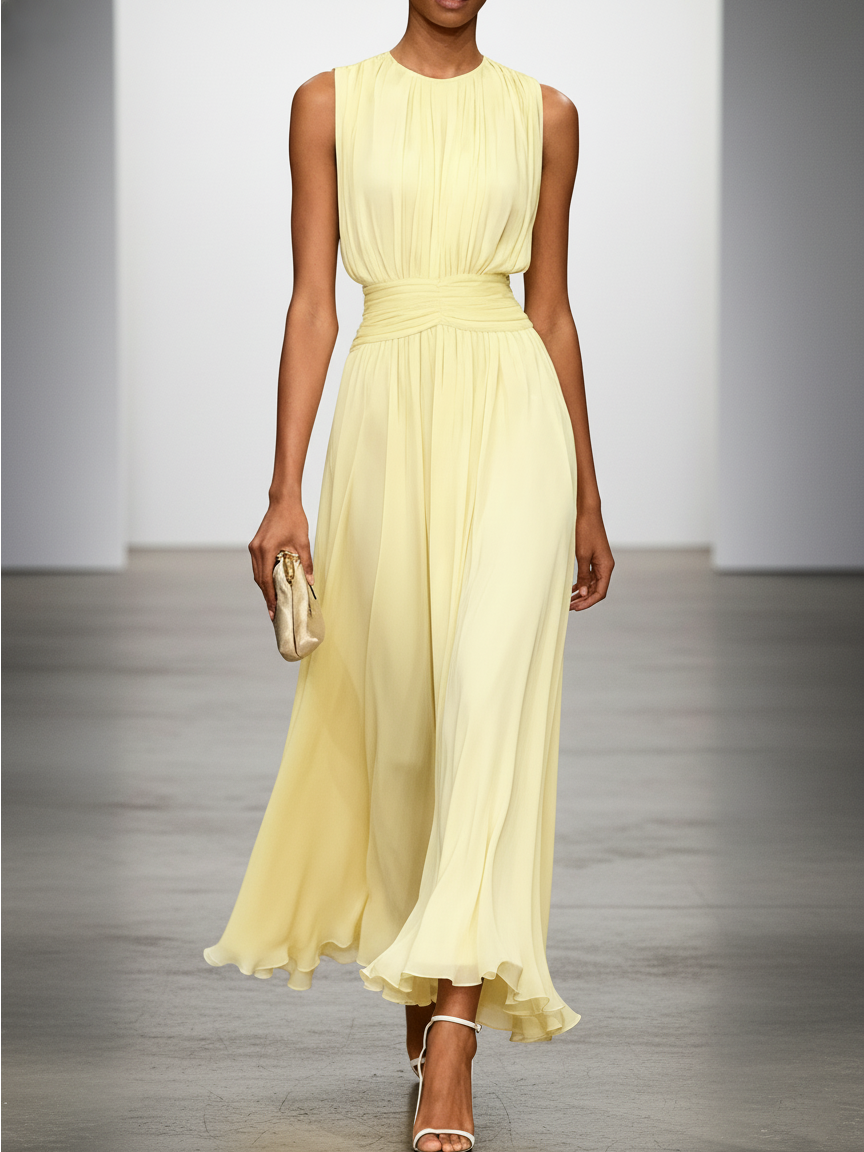 Ärmelloses Chiffon-Maxikleid für Damen mit geraffter Taille und fließendem Saum