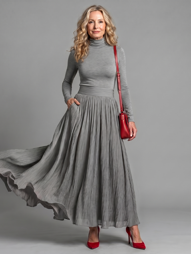 Women’s Turtleneck Pleated Maxi Dress