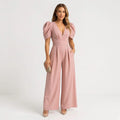 Eleganter Damen-Jumpsuit mit Puffärmeln, weitem Bein, tiefem V-Ausschnitt, tailliertem Schnitt und Seitentaschen